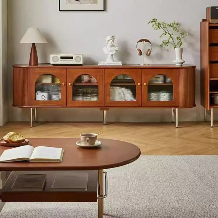 Armoire de rangement arquée et incurvée en verre et métal avec bois de pin chinois traditionnel, 4 espaces de rangement, pour salon 