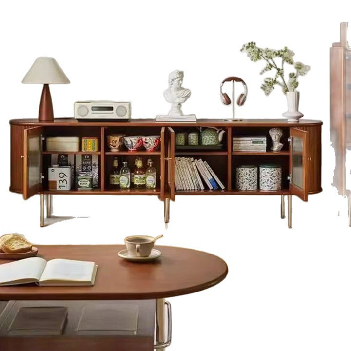 Armoire de rangement arquée et incurvée en verre et métal avec bois de pin chinois traditionnel, 4 espaces de rangement, pour salon 