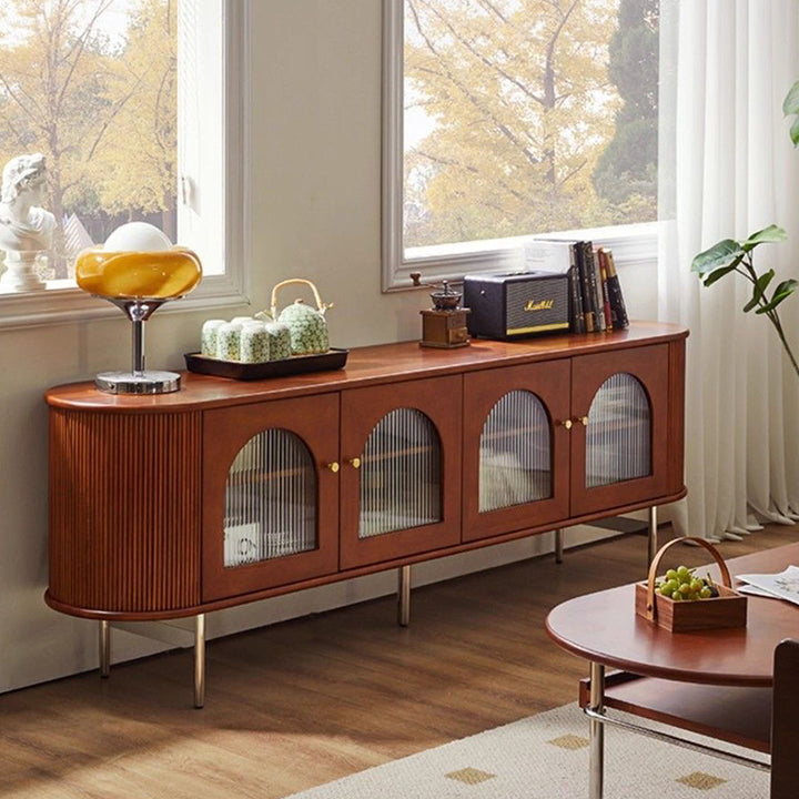 Armoire de rangement arquée et incurvée en verre et métal avec bois de pin chinois traditionnel, 4 espaces de rangement, pour salon 