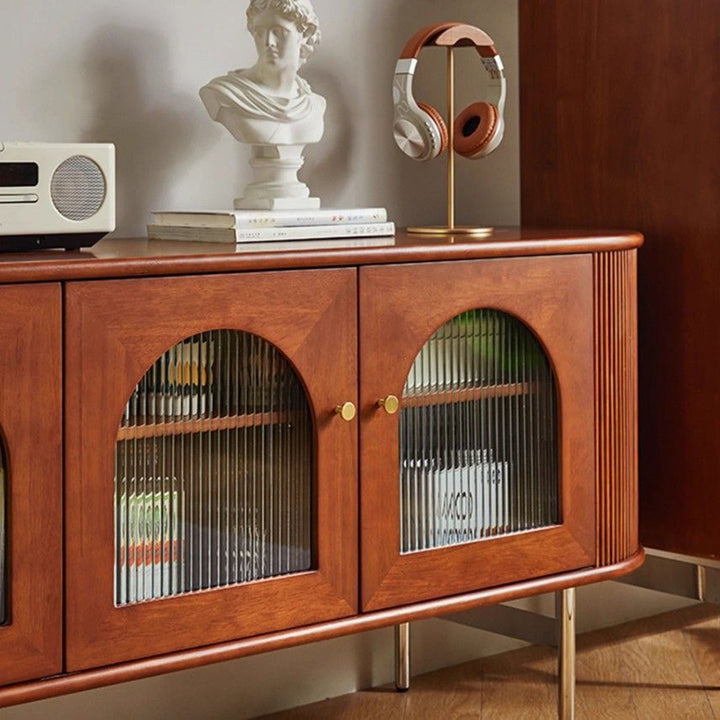 Armoire de rangement arquée et incurvée en verre et métal avec bois de pin chinois traditionnel, 4 espaces de rangement, pour salon 