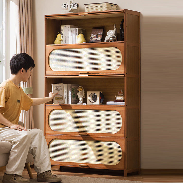 Traditioneller chinesischer Aufbewahrungsschrank aus Bambus-Kunststoff-Rattan mit rechteckiger, durchbrochener Struktur, 3/4/5 Ablagen für das Wohnzimmer 