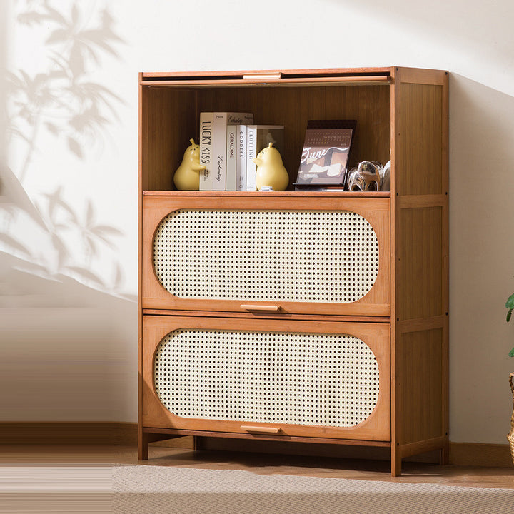 Traditioneller chinesischer Aufbewahrungsschrank aus Bambus-Kunststoff-Rattan mit rechteckiger, durchbrochener Struktur, 3/4/5 Ablagen für das Wohnzimmer 