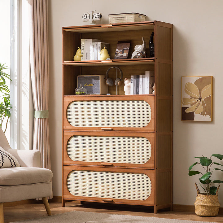 Traditioneller chinesischer Aufbewahrungsschrank aus Bambus-Kunststoff-Rattan mit rechteckiger, durchbrochener Struktur, 3/4/5 Ablagen für das Wohnzimmer 
