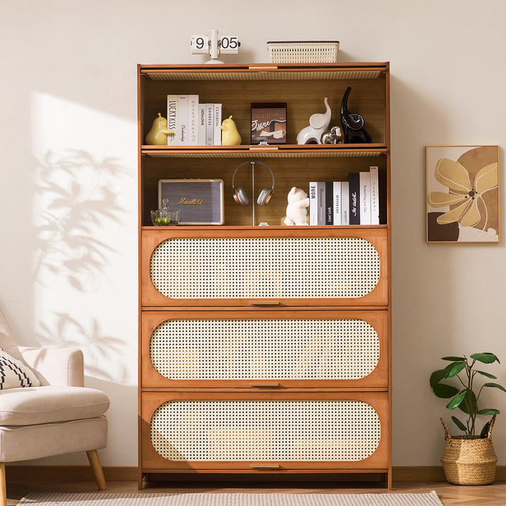 Traditioneller chinesischer Aufbewahrungsschrank aus Bambus-Kunststoff-Rattan mit rechteckiger, durchbrochener Struktur, 3/4/5 Ablagen für das Wohnzimmer 