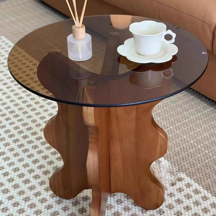 Traditional French Rubber Wood Glass Round Wave Side Table With 1 Tier For Living Room