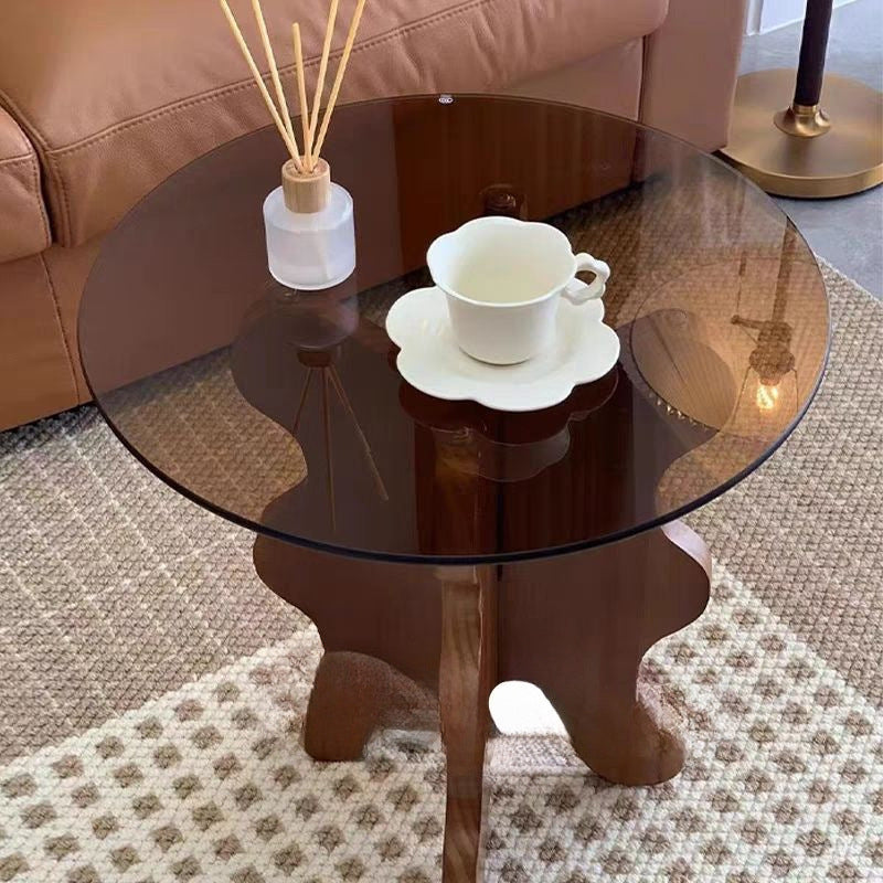 Traditional French Rubber Wood Glass Round Wave Side Table With 1 Tier For Living Room