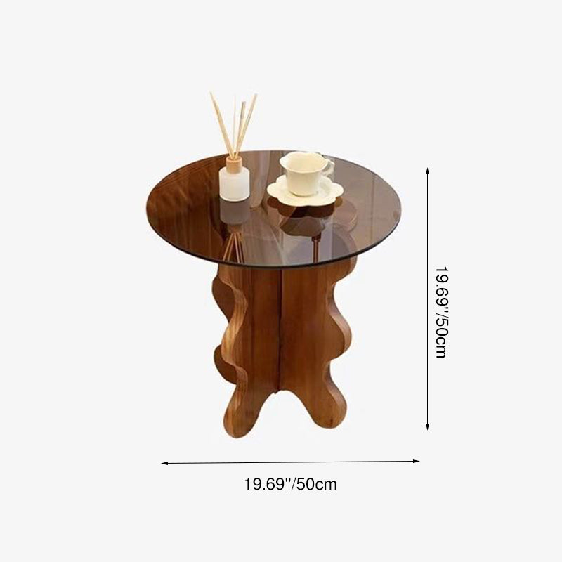 Traditional French Rubber Wood Glass Round Wave Side Table With 1 Tier For Living Room