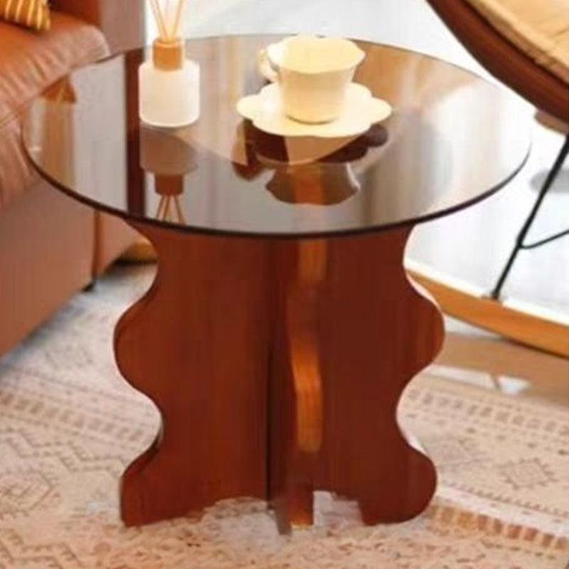 Traditional French Rubber Wood Glass Round Wave Side Table With 1 Tier For Living Room