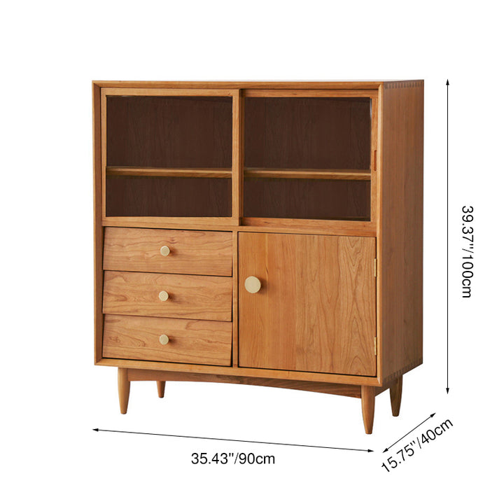 Traditional Japanese Cherry Wood Glass Cylindrical Rectangular Storage Cabinet With 3 Drawers For Living Room