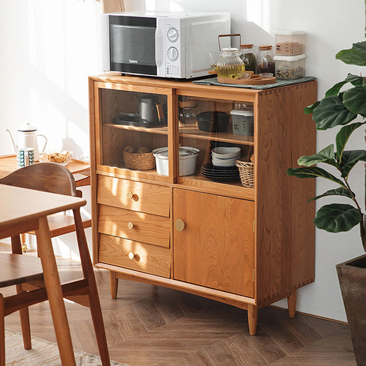 Traditional Japanese Cherry Wood Glass Cylindrical Rectangular Storage Cabinet With 3 Drawers For Living Room