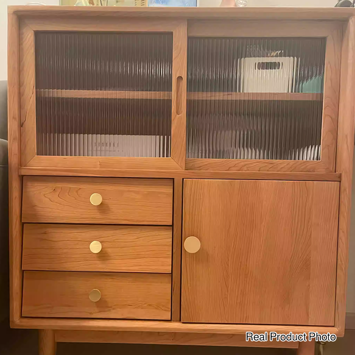 Traditioneller japanischer Glas- und zylindrisch-rechteckiger Aufbewahrungsschrank aus Kirschholz mit 3 Schubladen für das Wohnzimmer 