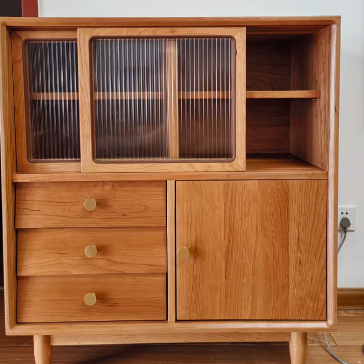 Traditioneller japanischer Glas- und zylindrisch-rechteckiger Aufbewahrungsschrank aus Kirschholz mit 3 Schubladen für das Wohnzimmer 