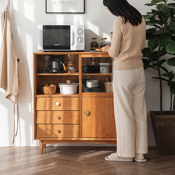Traditional Japanese Cherry Wood Glass Cylindrical Rectangular Storage Cabinet With 3 Drawers For Living Room