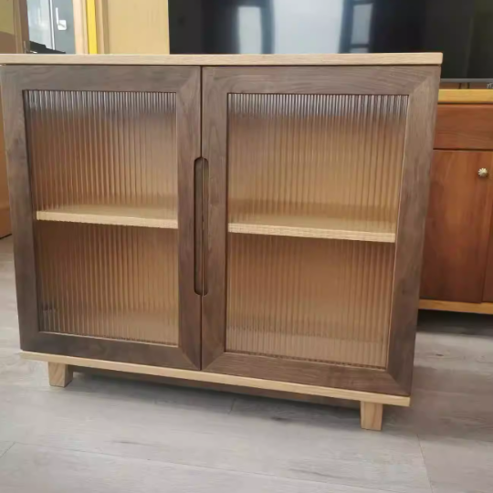 Armoire de rangement rectangulaire en verre en contreplaqué de pin japonais traditionnel avec 2/3 de rangement pour salon 