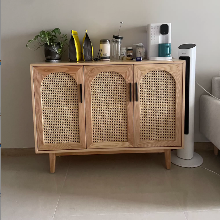 Meuble de rangement rectangulaire en contreplaqué de frêne japonais traditionnel et rotin, avec 2/3/4 compartiments de rangement pour le salon 