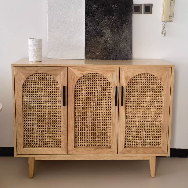 Meuble de rangement rectangulaire en contreplaqué de frêne japonais traditionnel et rotin, avec 2/3/4 compartiments de rangement pour le salon 
