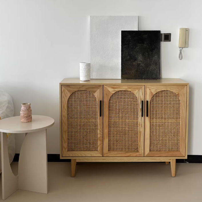 Meuble de rangement rectangulaire en contreplaqué de frêne japonais traditionnel et rotin, avec 2/3/4 compartiments de rangement pour le salon 