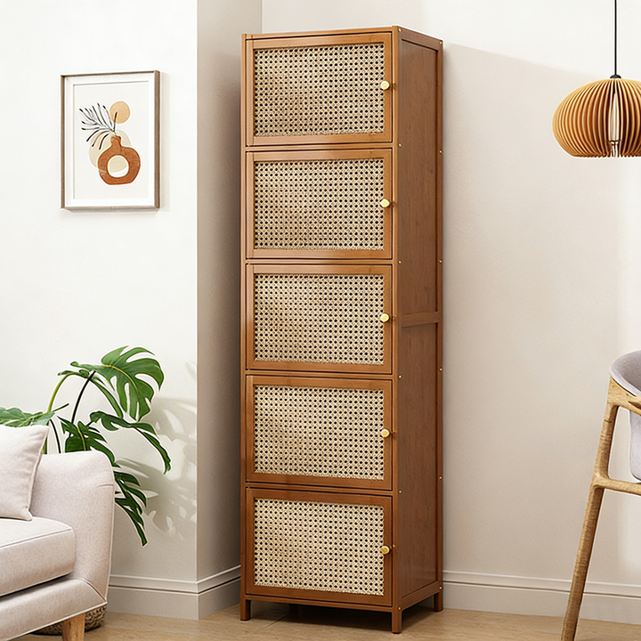Gabinete de almacenamiento rectangular de vidrio de bambú y ratán tradicional chino con 2/3/4/5/6 compartimentos para la sala de estar 