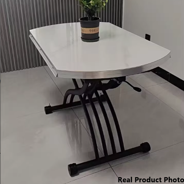 Zeitgenössischer skandinavischer runder klappbarer Couchtisch mit Hebeplatte aus gesintertem Stein und Kohlenstoffstahl, 1 Ebene, für das Wohnzimmer 