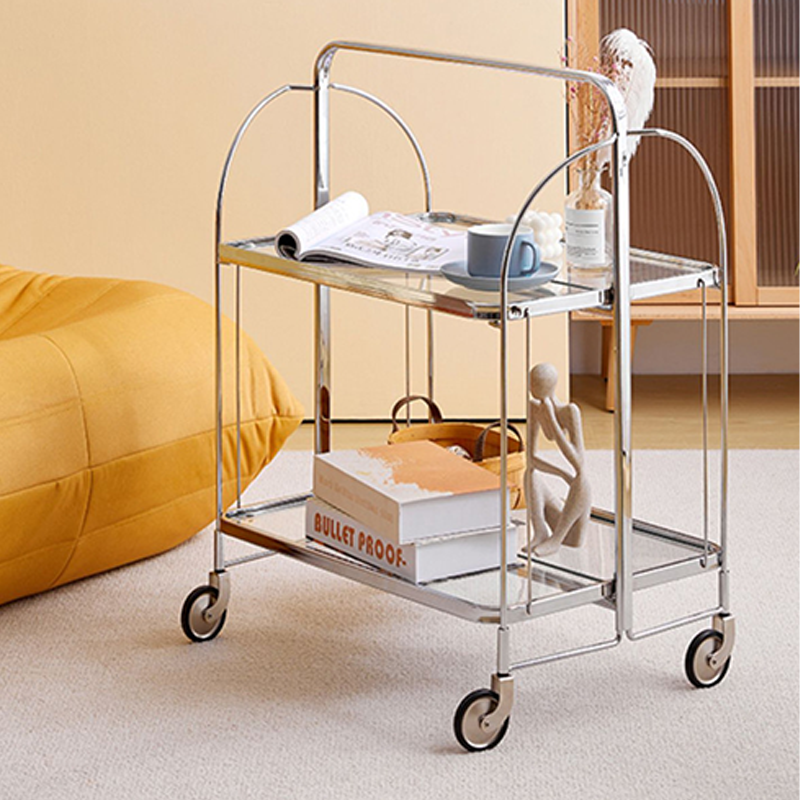 Contemporary Scandinavian Glass Iron Movable Rectangular Curved Side Table 2-Tier For Living Room