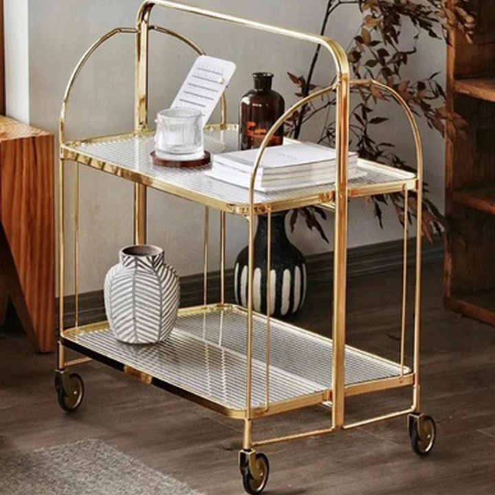 Contemporary Scandinavian Glass Iron Movable Rectangular Curved Side Table 2-Tier For Living Room