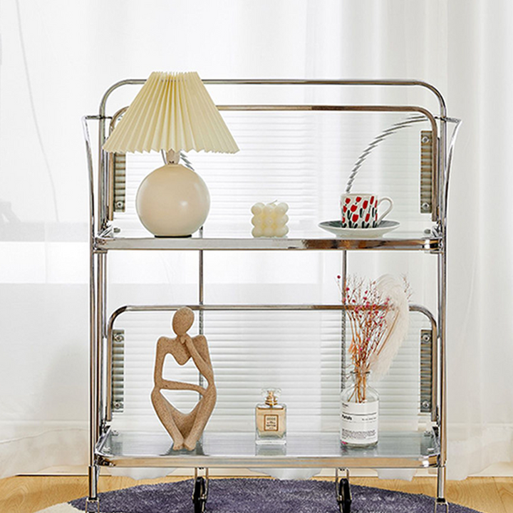 Contemporary Scandinavian Glass Iron Movable Rectangular Curved Side Table 2-Tier For Living Room