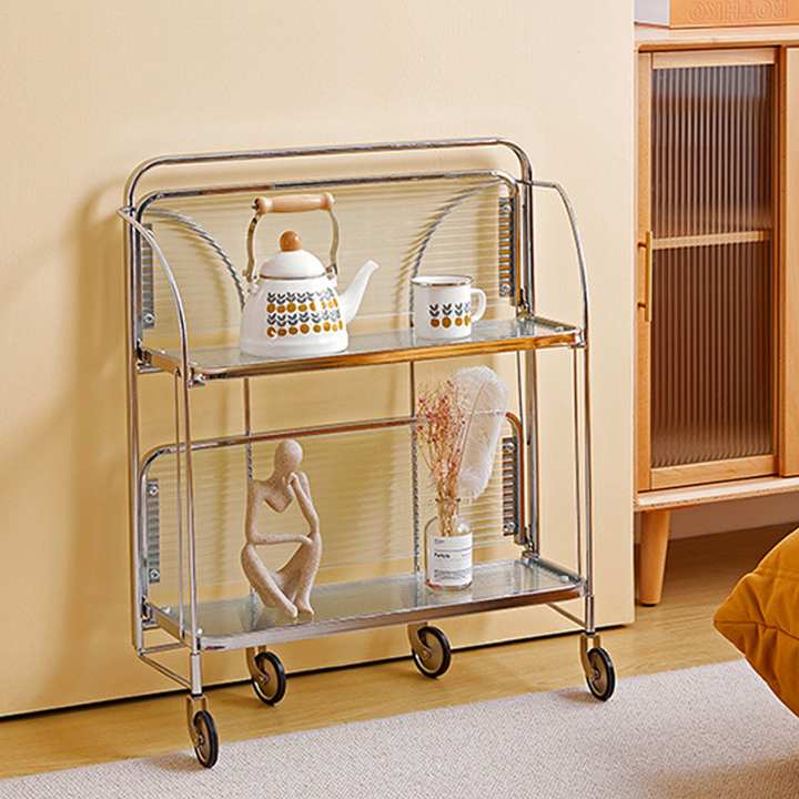 Contemporary Scandinavian Glass Iron Movable Rectangular Curved Side Table 2-Tier For Living Room