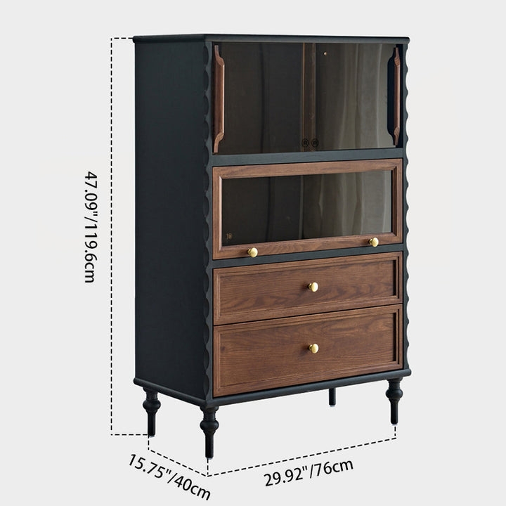 Traditional French Glass Plywood Oak Pine Wave Rectangular Storage Cabinet 2-Drawer For Living Room