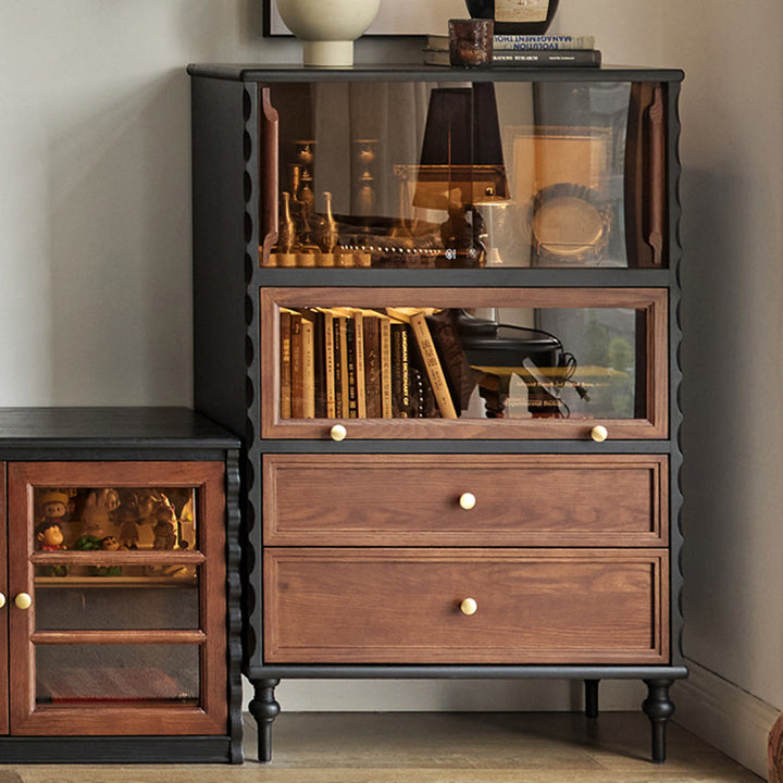 Traditional French Glass Plywood Oak Pine Wave Rectangular Storage Cabinet 2-Drawer For Living Room