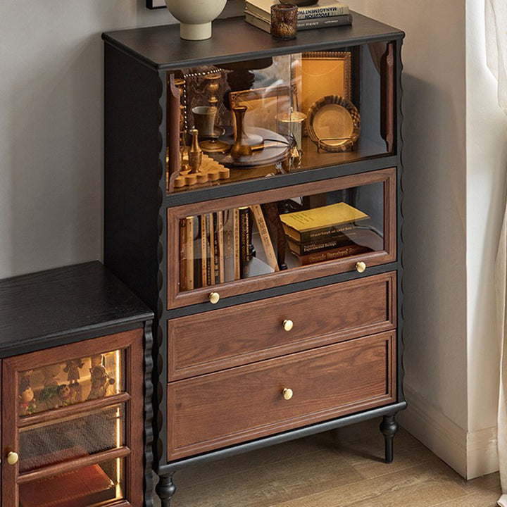 Traditional French Glass Plywood Oak Pine Wave Rectangular Storage Cabinet 2-Drawer For Living Room