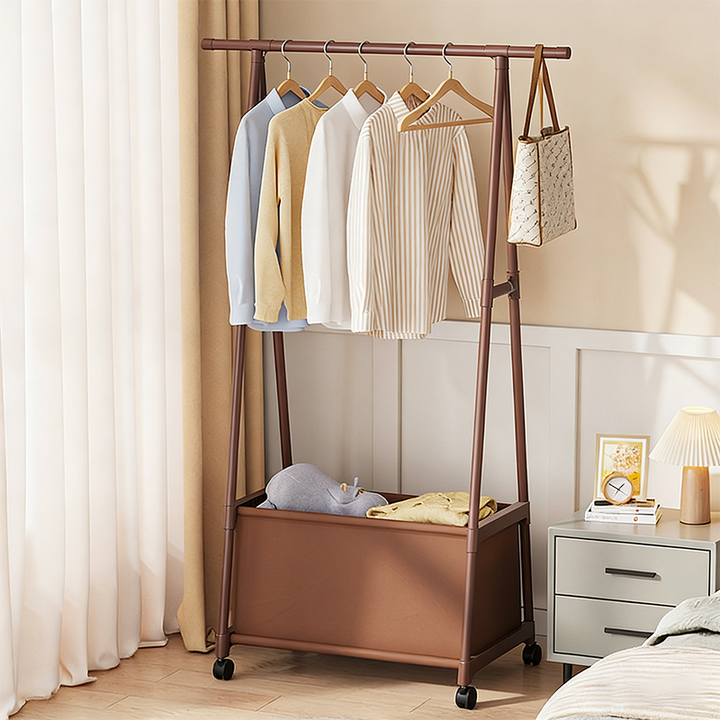 Modern Minimalist Iron Plastic Rectangular Mobile Hall Tree Coat Rack With 1/2 Storage For Bedroom