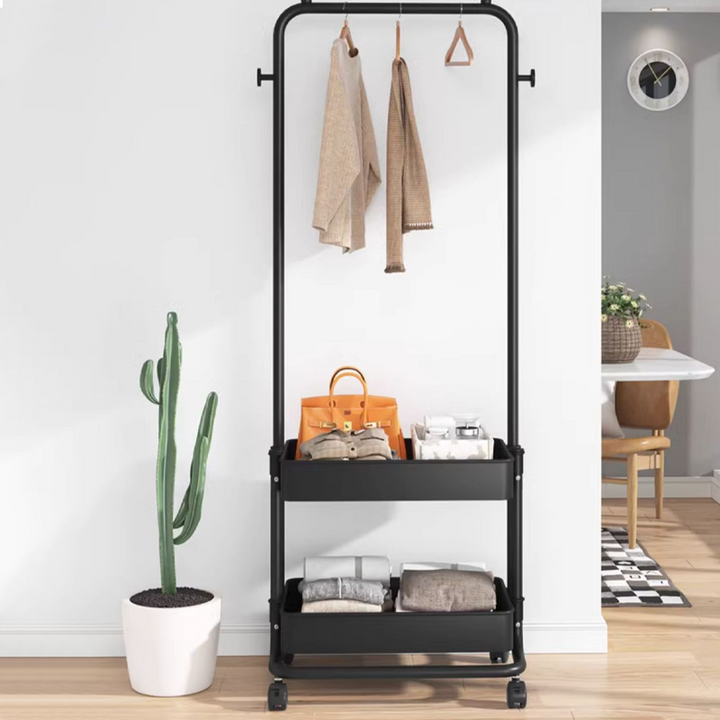 Modern Minimalist Iron Plastic Rectangular Mobile Hall Tree Coat Rack With 1/2 Storage For Bedroom