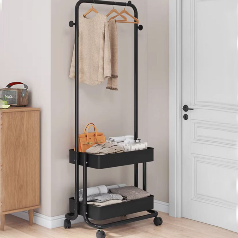 Modern Minimalist Iron Plastic Rectangular Mobile Hall Tree Coat Rack With 1/2 Storage For Bedroom