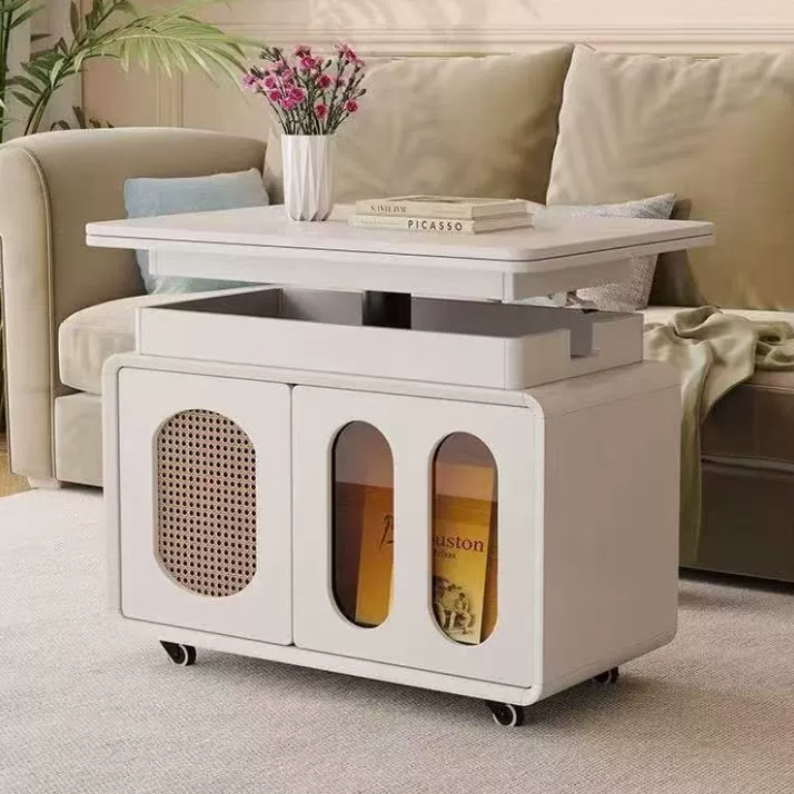 Contemporary Creative Engineered Wood Glass Lift-Top Rolling Rectangular Coffee Table With Storage For Living Room
