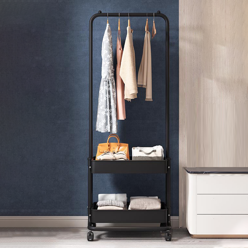 Modern Minimalist Iron Plastic Rectangular Mobile Hall Tree Coat Rack With 1/2 Storage For Bedroom