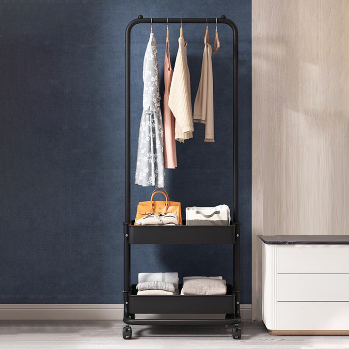 Modern Minimalist Iron Plastic Rectangular Mobile Hall Tree Coat Rack With 1/2 Storage For Bedroom