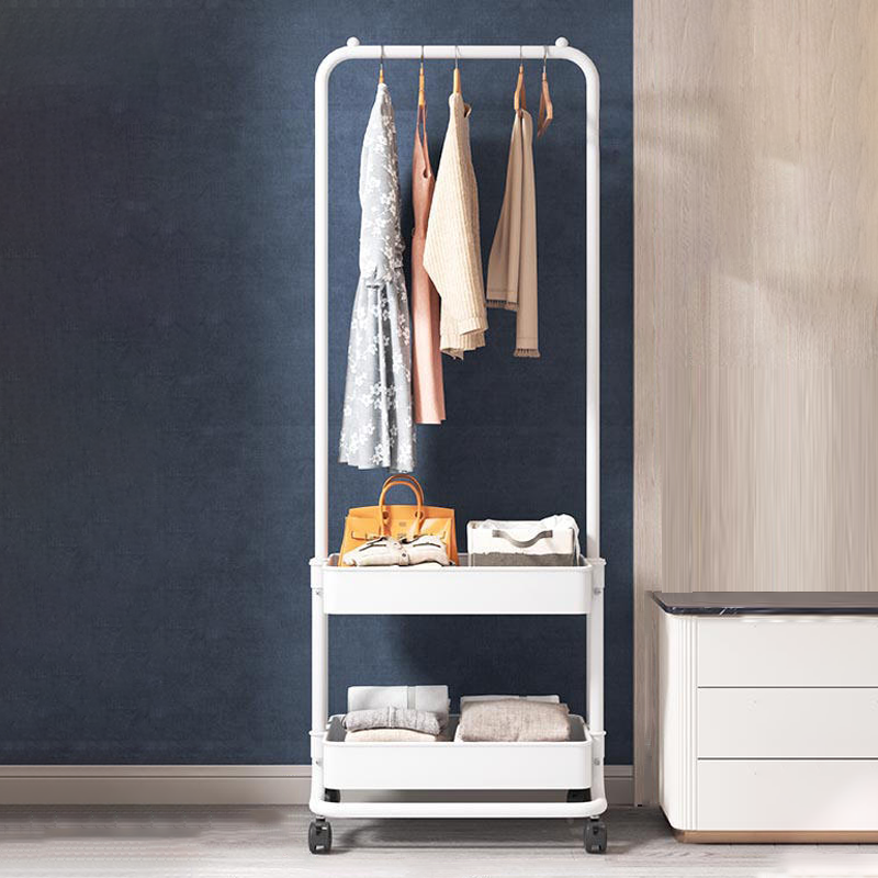 Modern Minimalist Iron Plastic Rectangular Mobile Hall Tree Coat Rack With 1/2 Storage For Bedroom