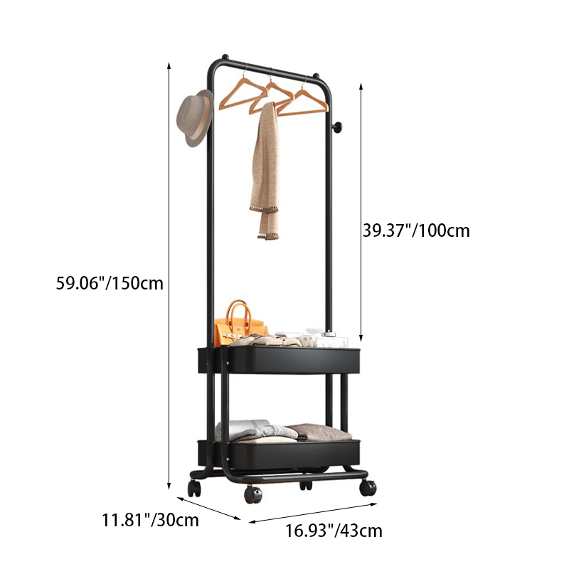 Modern Minimalist Iron Plastic Rectangular Mobile Hall Tree Coat Rack With 1/2 Storage For Bedroom