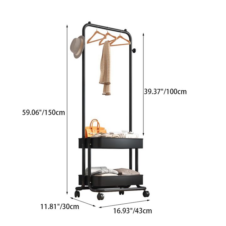 Modern Minimalist Iron Plastic Rectangular Mobile Hall Tree Coat Rack With 1/2 Storage For Bedroom