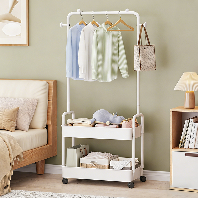 Modern Minimalist Iron Plastic Rectangular Mobile Hall Tree Coat Rack With 1/2 Storage For Bedroom