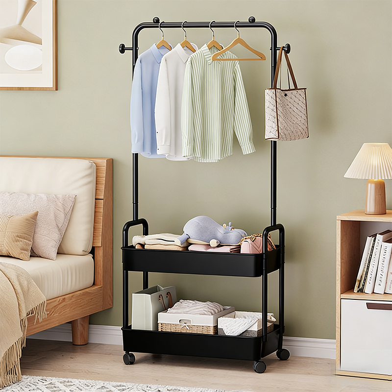Modern Minimalist Iron Plastic Rectangular Mobile Hall Tree Coat Rack With 1/2 Storage For Bedroom