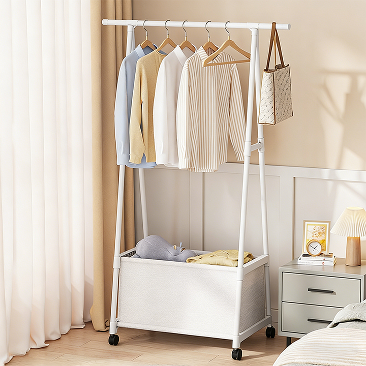 Modern Minimalist Iron Plastic Rectangular Mobile Hall Tree Coat Rack With 1/2 Storage For Bedroom
