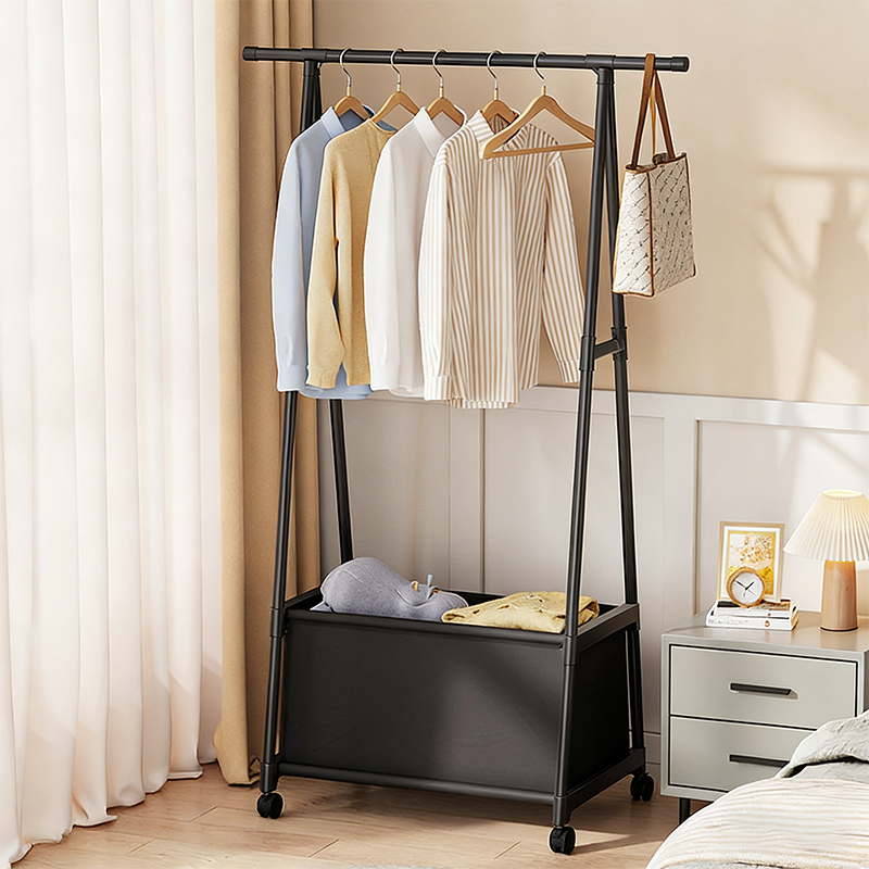 Modern Minimalist Iron Plastic Rectangular Mobile Hall Tree Coat Rack With 1/2 Storage For Bedroom
