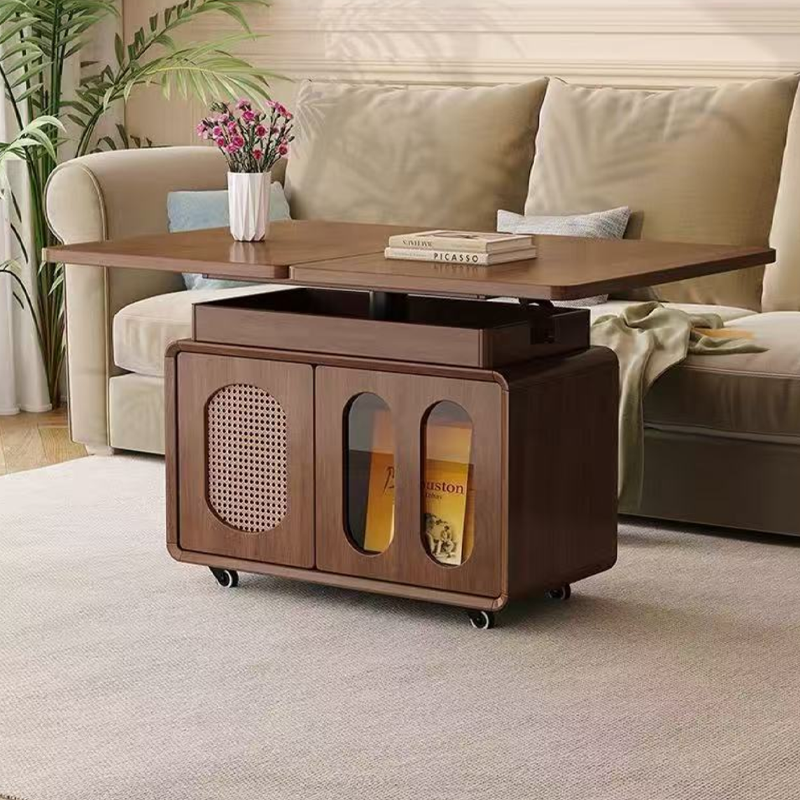 Contemporary Creative Engineered Wood Glass Lift-Top Rolling Rectangular Coffee Table With Storage For Living Room