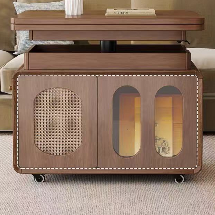 Contemporary Creative Engineered Wood Glass Lift-Top Rolling Rectangular Coffee Table With Storage For Living Room