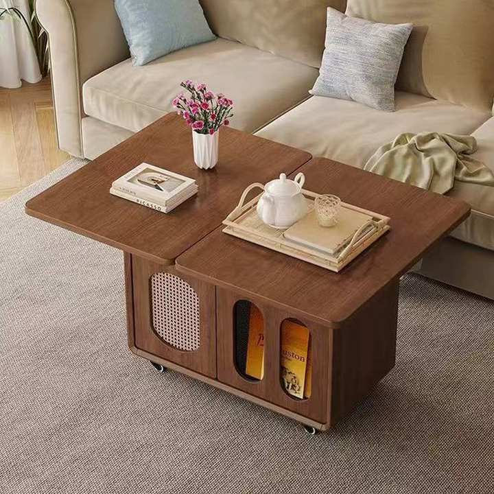 Contemporary Creative Engineered Wood Glass Lift-Top Rolling Rectangular Coffee Table With Storage For Living Room