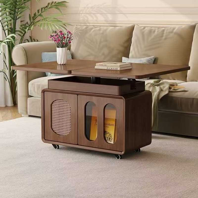 Contemporary Creative Engineered Wood Glass Lift-Top Rolling Rectangular Coffee Table With Storage For Living Room