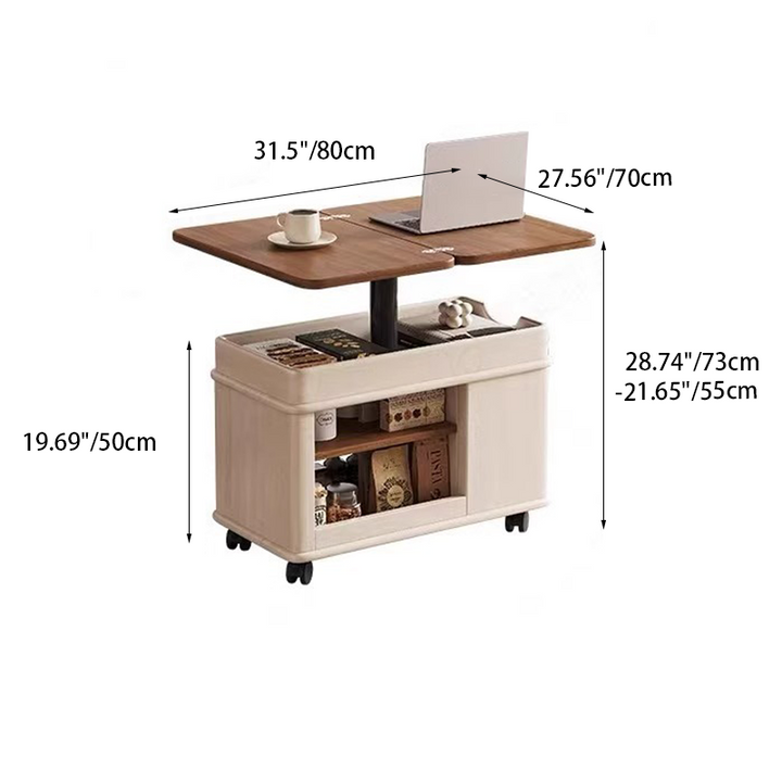 Moderner kreativer Couchtisch aus Sperrholz und Metall mit anhebbarer Tischplatte, Rollen und abgerundet-rechteckiger Form für das Wohnzimmer 