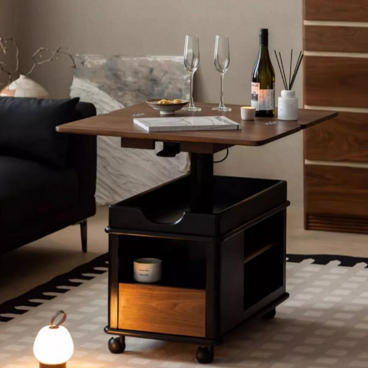 Moderner kreativer Couchtisch aus Sperrholz und Metall mit anhebbarer Tischplatte, Rollen und abgerundet-rechteckiger Form für das Wohnzimmer 