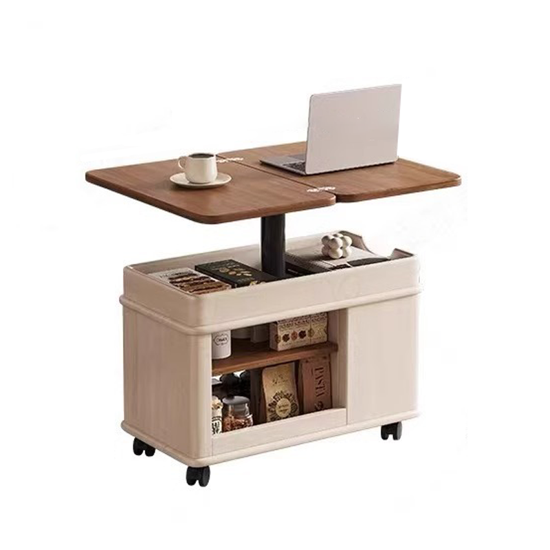 Moderner kreativer Couchtisch aus Sperrholz und Metall mit anhebbarer Tischplatte, Rollen und abgerundet-rechteckiger Form für das Wohnzimmer 